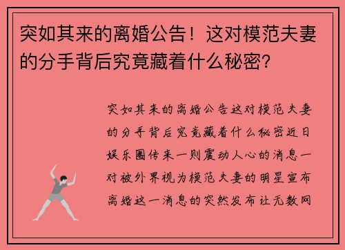 突如其来的离婚公告！这对模范夫妻的分手背后究竟藏着什么秘密？