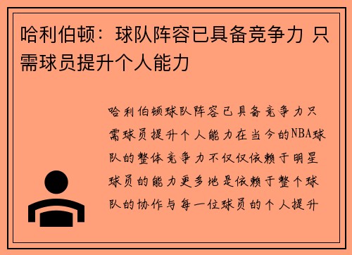 哈利伯顿：球队阵容已具备竞争力 只需球员提升个人能力