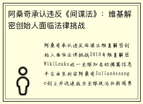 阿桑奇承认违反《间谍法》：维基解密创始人面临法律挑战