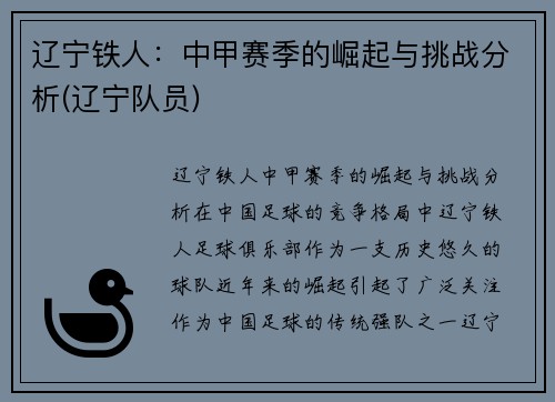 辽宁铁人：中甲赛季的崛起与挑战分析(辽宁队员)