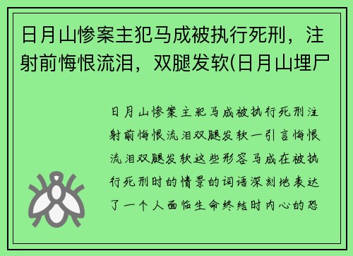 日月山惨案主犯马成被执行死刑，注射前悔恨流泪，双腿发软(日月山埋尸案马生珍信息)