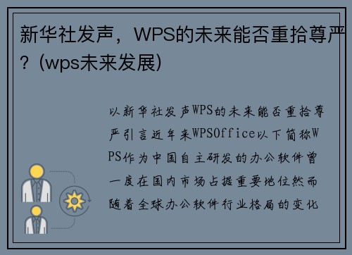 新华社发声，WPS的未来能否重拾尊严？(wps未来发展)