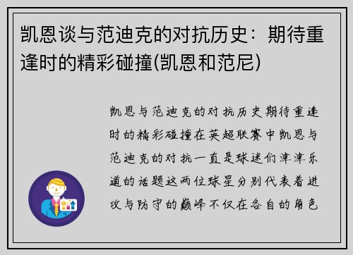 凯恩谈与范迪克的对抗历史：期待重逢时的精彩碰撞(凯恩和范尼)