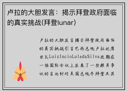 卢拉的大胆发言：揭示拜登政府面临的真实挑战(拜登lunar)