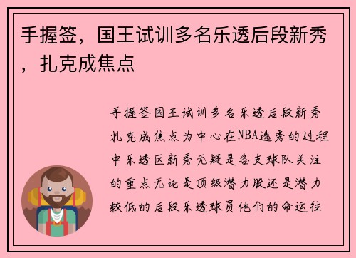 手握签，国王试训多名乐透后段新秀，扎克成焦点